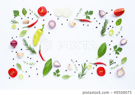 Various fresh vegetables and herbs on white Various fresh vegetables and herbs on white 49508075