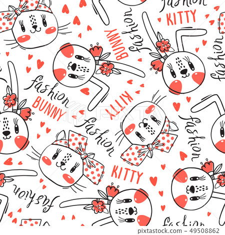 Seamless pattern with faces of cats and rabbits in hairpins bows. Fashion kawaii bunny and kitty 49508862