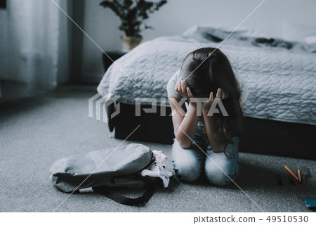 Child hasn't Strength Endure.Sit Next to Backpack. Child hasn't Strength Endure.Sit Next to Backpack. 49510530