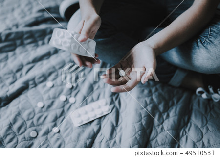 Girl on Bed Crossed Legs. Child Try Make Suicide. Girl on Bed Crossed Legs. Child Try Make Suicide. 49510531