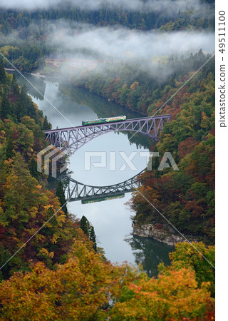 Railroad trip Tadami line First Tadami River bridge Early morning Railroad trip Tadami line First Tadami River bridge Early morning 49511100