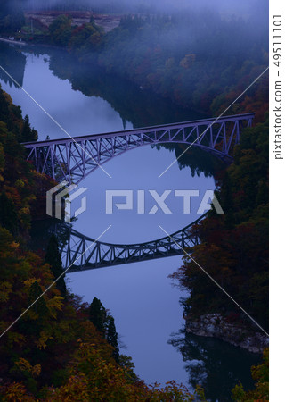 Railroad trip Tadami line First Tadami River bridge Early morning Railroad trip Tadami line First Tadami River bridge Early morning 49511101
