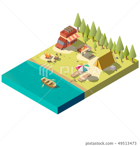 Camping pitch on river shore isometric vector Camping pitch on river shore isometric vector 49513473
