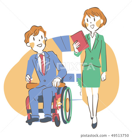 輪椅的男人和婦女年輕商人走,當聊天時 輪椅的男人和婦女年輕商人走,當聊天時 49513750