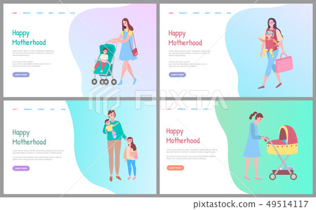 Happy Motherhood, Mom with Perambulator and Kid Happy Motherhood, Mom with Perambulator and Kid 49514117