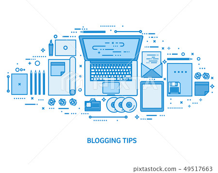 Laptop on a table. Tell your story. Author. Blogging platform. Flat blue outline background. Line Laptop on a table. Tell your story. Author. Blogging platform. Flat blue outline background. Line 49517663