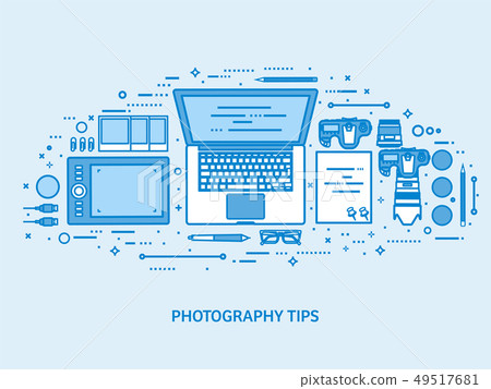 Photography tools, photo editing and photoshooting. Digital photocamera with lens. Flat blue outline 49517681