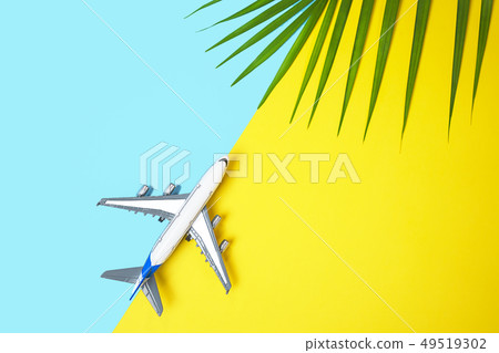 Model plane airplane or plane and tropical green palm leaves on yellow and blue background. Model plane airplane or plane and tropical green palm leaves on yellow and blue background. 49519302