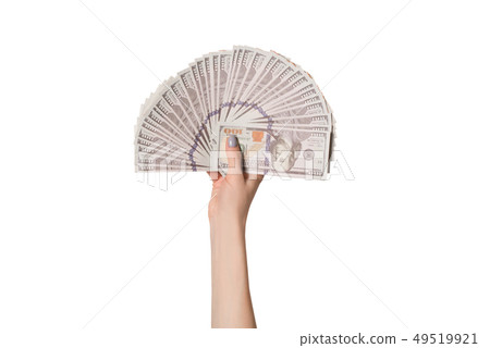 Female hand with a fan of 100 dollar American Female hand with a fan of 100 dollar American 49519921