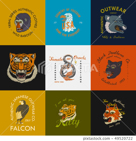 Wild vintage animals. Logo for t-shirt. Asian Tiger, Chinese Dragon, panther, fox, Falcon, Monkey Wild vintage animals. Logo for t-shirt. Asian Tiger, Chinese Dragon, panther, fox, Falcon, Monkey 49520722