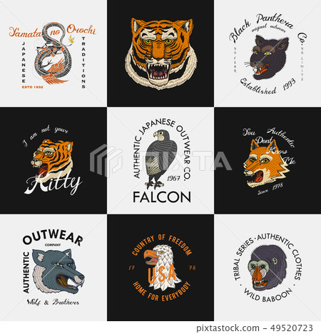 Wild vintage animals. Logo for t-shirt. Asian Tiger, Chinese Dragon, panther, fox, Falcon, Monkey Wild vintage animals. Logo for t-shirt. Asian Tiger, Chinese Dragon, panther, fox, Falcon, Monkey 49520723