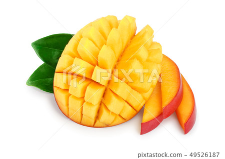 Mango fruit half with leaves and slices isolated on white background close-up 49526187
