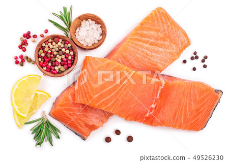 fillet of red fish salmon with lemon and rosemary isolated on white background. Top view. Flat lay 49526230
