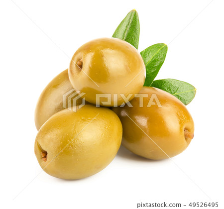 Green olives with leaves isolated on a white background 49526495