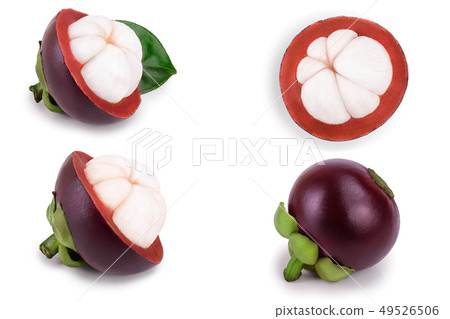 ripe mangosteen with leaves isolated on white background closeup. Set or collection ripe mangosteen with leaves isolated on white background closeup. Set or collection 49526506