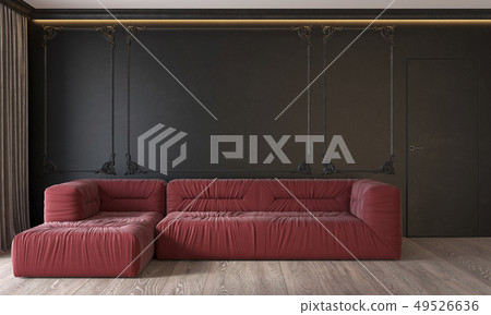 Modern classic black interior with red sofa wall mouldings ceiling backlit wood floor door curtains. 49526636