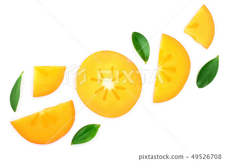 persimmon slice with leaves isolated on white background with copy space for your text. Top view persimmon slice with leaves isolated on white background with copy space for your text. Top view 49526708