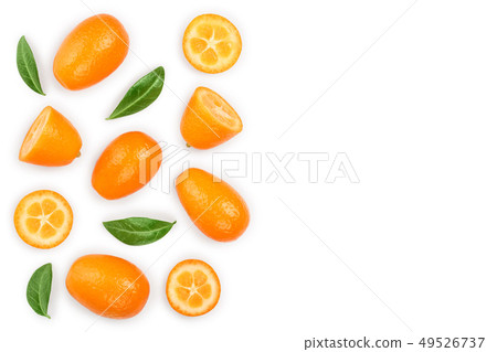 Cumquat or kumquat with half isolated on white background with copy space for your text. Top view 49526737