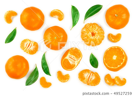 tangerine or mandarin with leaves isolated on white background. Top view. Flat lay tangerine or mandarin with leaves isolated on white background. Top view. Flat lay 49527259