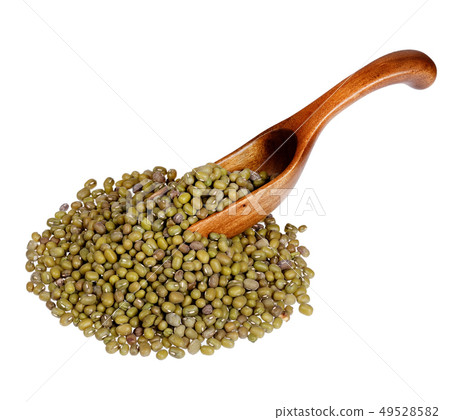 Mung beans in the wooden spoon, isolated on white background. 49528582