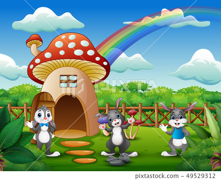 Cartoon many rabbits near the red mushroom house - Stock Illustration  [49529312] - PIXTA