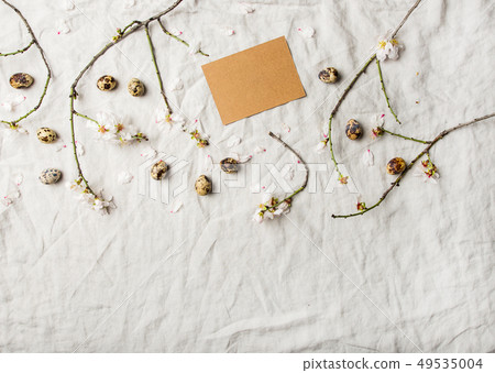 Easter holiday flat-lay with blooming almond tree 49535004