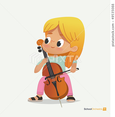 Blond Girl Sit on Chair Play Contrabass with Joy 49535088