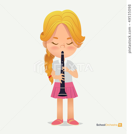 Blonde Girl Tress in Pink Skirt Play on Trumpet 49535098