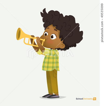 Afro American Boy in Green Shirt Play on Trumpet 49535099