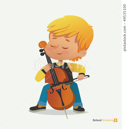 Blond Boy Sit on Chair Play Contrabass with Joy 49535100