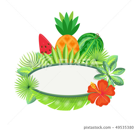 Frame with Tropical Fruits, Exotic Leaves Isolated 49535380
