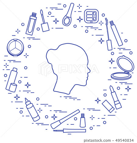 Silhouette of female head and various accessories 49540834
