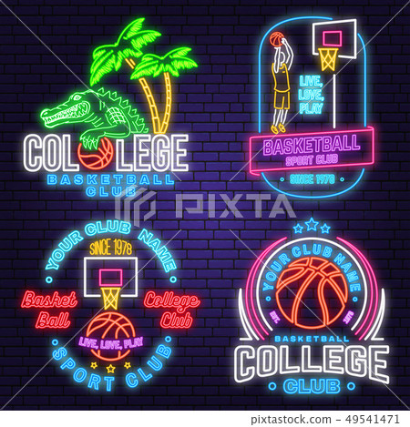 Set of basketball club neon design or emblem. Vector. Graphic design for t-shirt, tee, apparel Set of basketball club neon design or emblem. Vector. Graphic design for t-shirt, tee, apparel 49541471