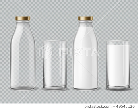 Milk bottle and glass. Empty and full milk realistic bottles glasses dairy beverage product isolated Milk bottle and glass. Empty and full milk realistic bottles glasses dairy beverage product isolated 49543126