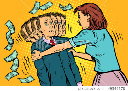 money demand. The wife shakes her husband. Women and men unequal relations, exploitation 49544678