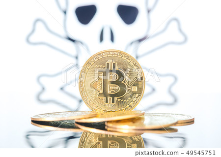 Bitcoin fail concept, Golden bitcoin with skull and bones in the background. Bitcoin fail concept, Golden bitcoin with skull and bones in the background. 49545751