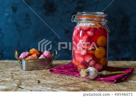 Jar of pickled vegetables by Indian recipe Jar of pickled vegetables by Indian recipe 49546071
