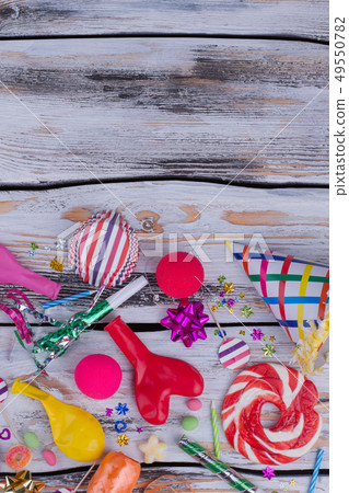 Birthday party items, top view. Birthday party items, top view. 49550782