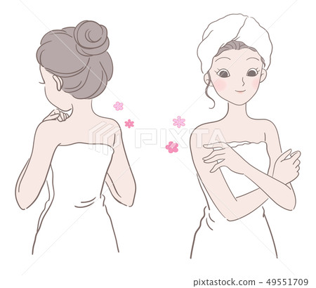 女子圍著浴巾,手撫摸嫩滑的肌膚, 49551709