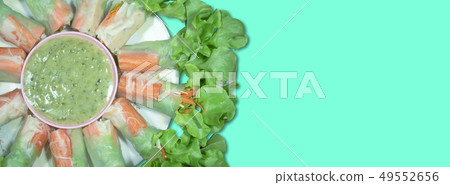 top view salad rolls in dish on the green 49552656