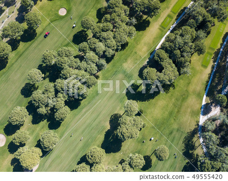 A tractor with loan mower working on a golf course A tractor with loan mower working on a golf course 49555420