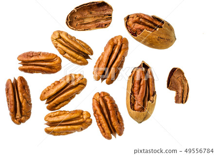 Lots of raw  pecan nuts,top view 49556784
