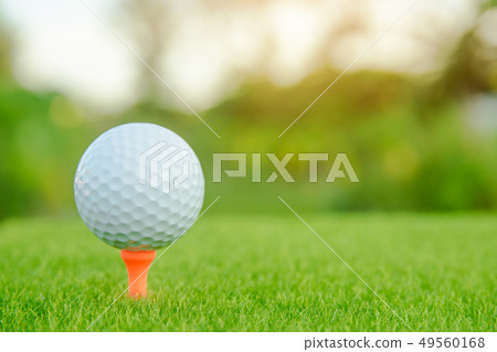 Golf ball with orange tee on green grass ready to 49560168