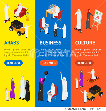 Arab Muslims People 3d Banner Vecrtical Set Isometric View. Vector Arab Muslims People 3d Banner Vecrtical Set Isometric View. Vector 49561248