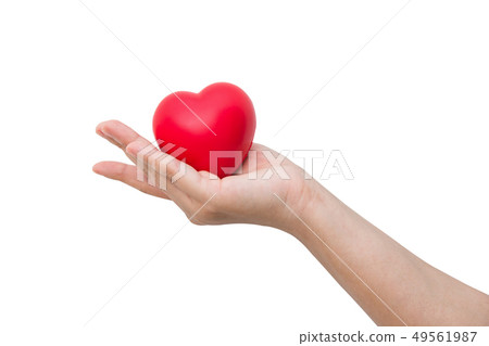 Red heart ball on hand isolated on white Red heart ball on hand isolated on white 49561987