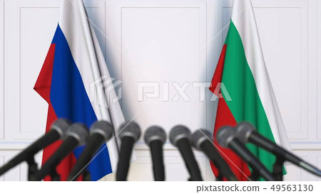Flags of Russia and Bulgaria at international meeting or negotiations press conference. 3D rendering 49563130