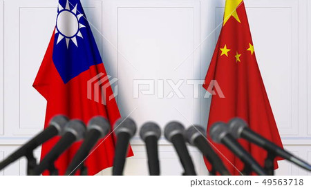 Flags of Taiwan and China at international meeting or negotiations press conference. 3D rendering 49563718