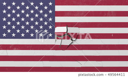 Breaking wall with painted flag of the USA. American crisis conceptual editorial 3D rendering 49564411
