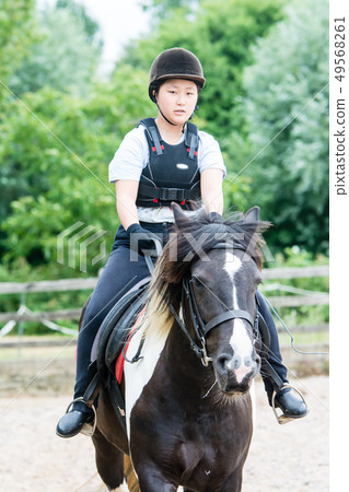 實踐在一匹黑白馬的女孩騎馬 49568261