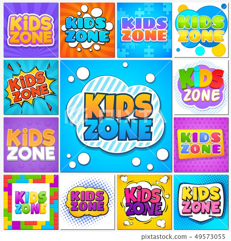 Kids zone. Children game playground banners and labels with cartoon lettering. School children park Kids zone. Children game playground banners and labels with cartoon lettering. School children park 49573055